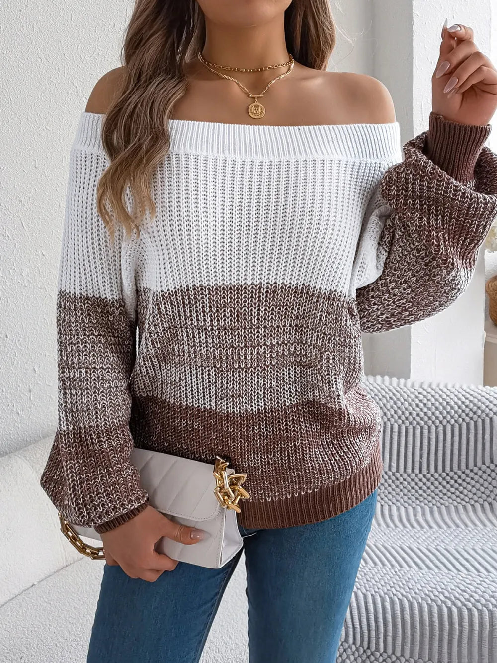 Block Off-Shoulder Long Sleeve Sweater