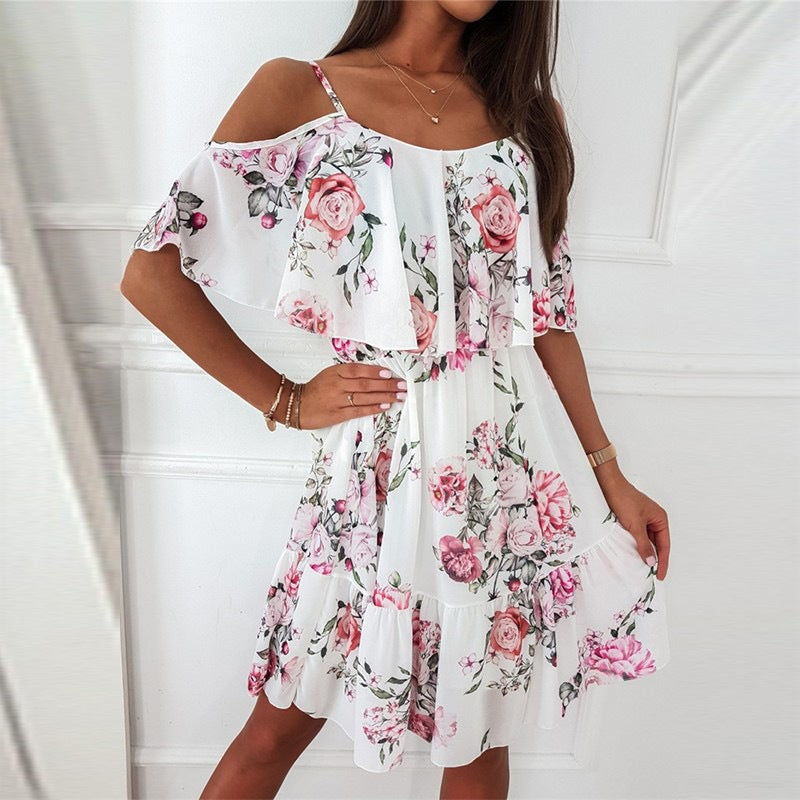 Flower Printed Off-the-shoulder Strap Dress