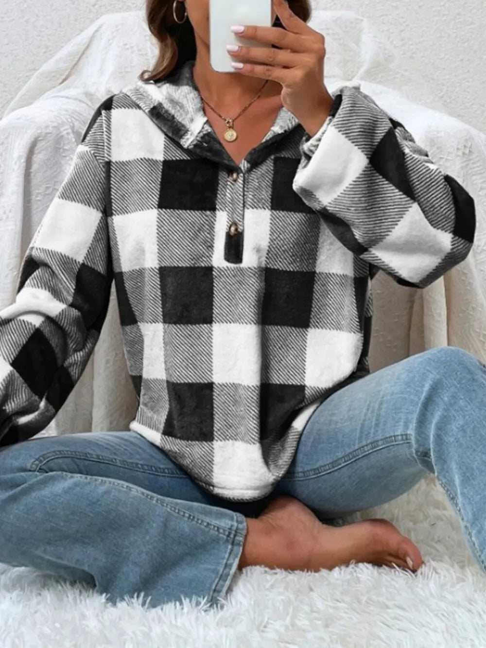 Ladies Checkered semi open collar hoodie