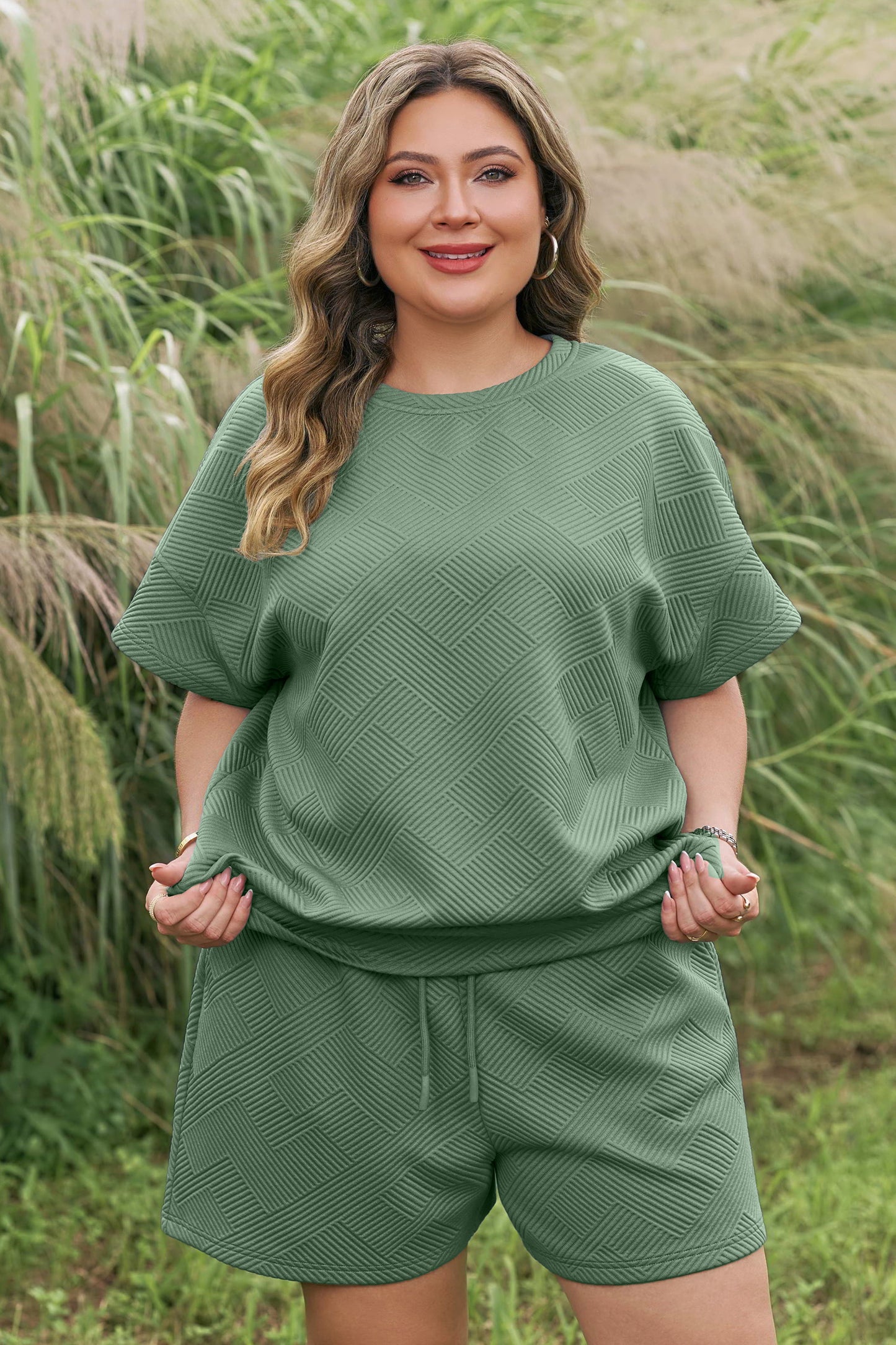 Mineral Blue Plus Size Textured Short Sleeve Top Drawstring Shorts Set
