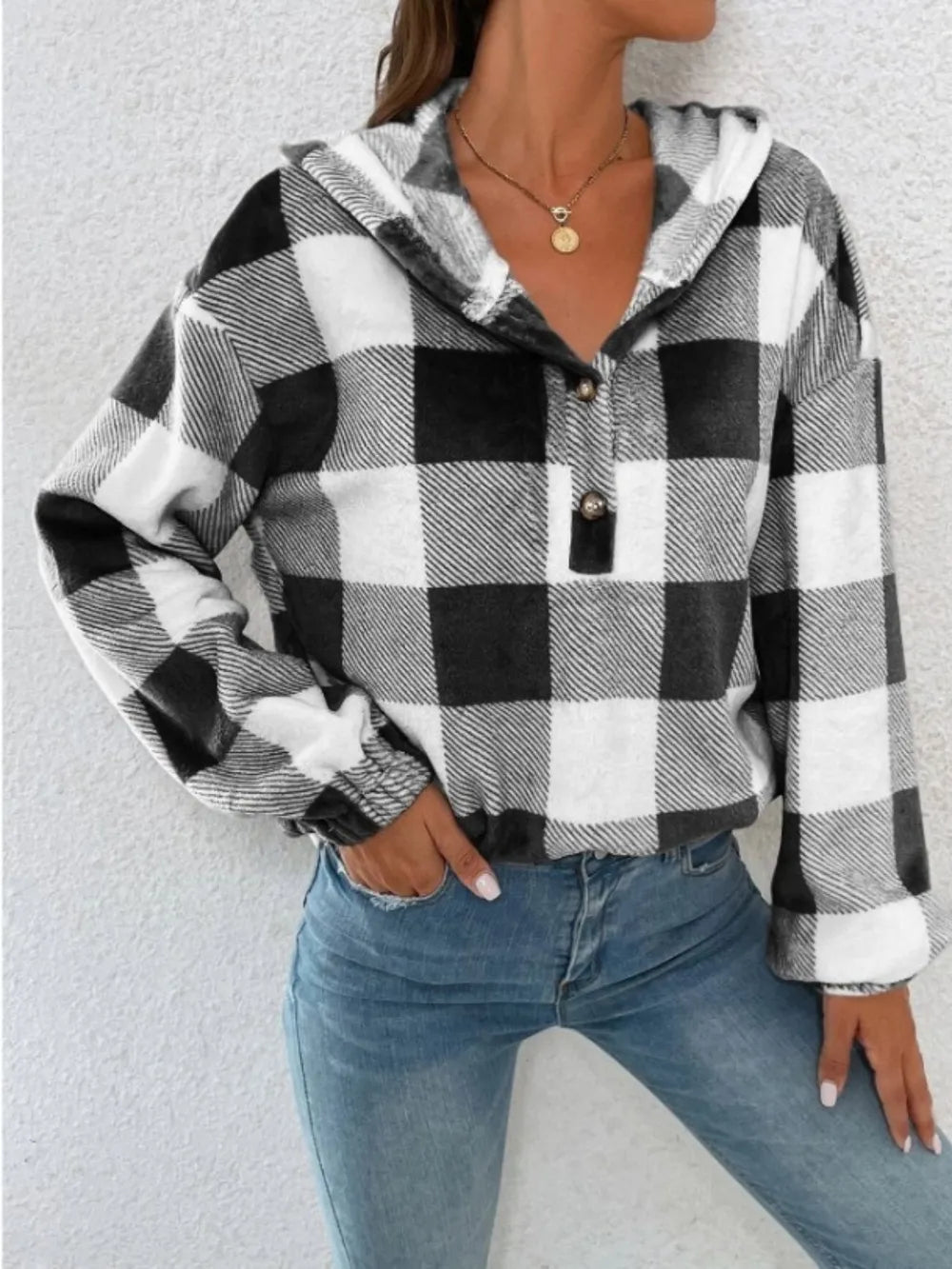 Ladies Checkered semi open collar hoodie
