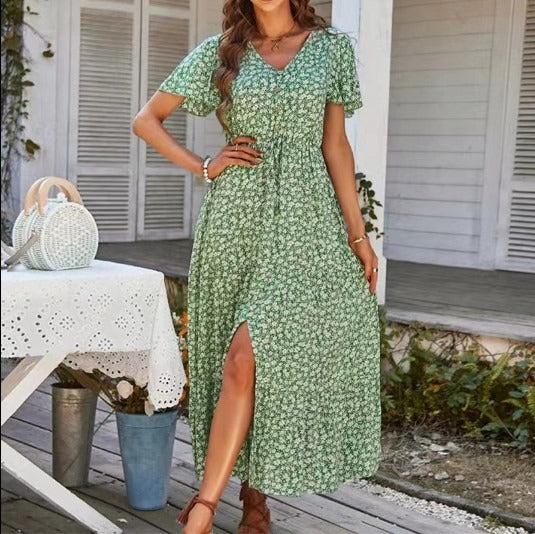 Summer drawstring slit dress long dress