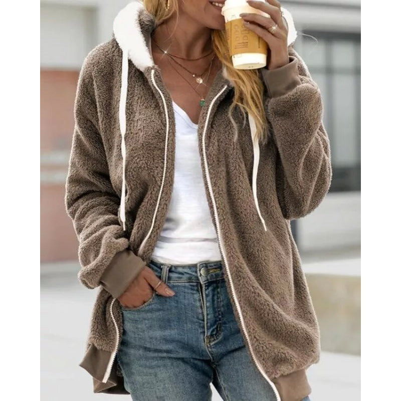 ladies plush hooded zipper jacket