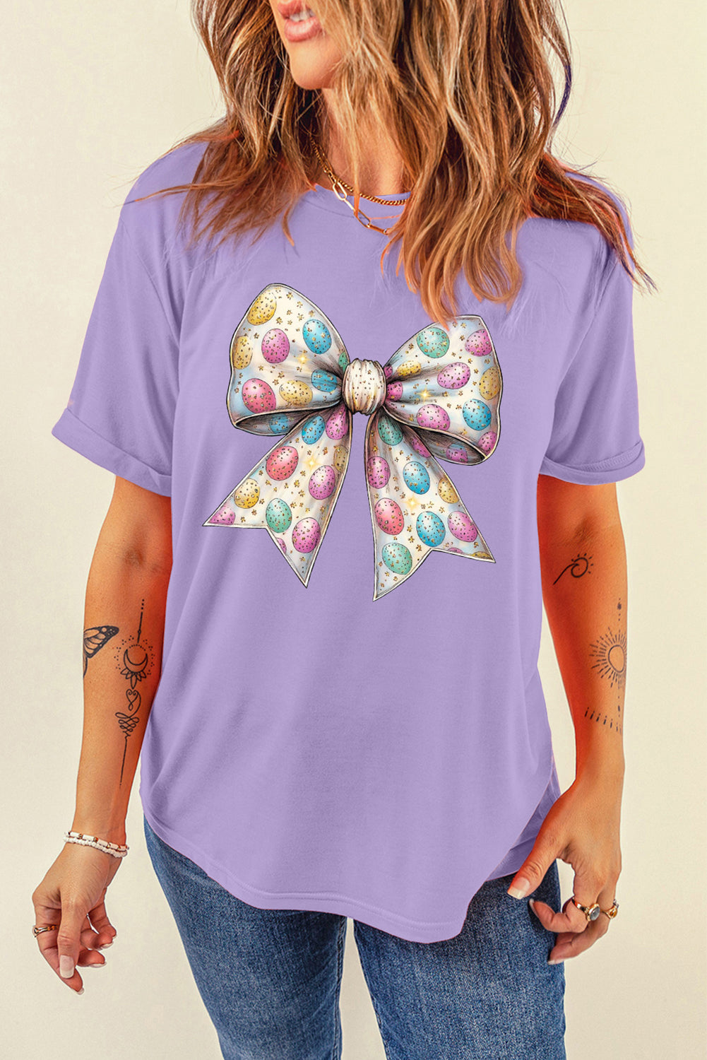 Easter Eggs Bow Print Casual T Shirt