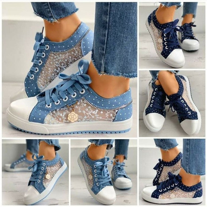 Ladies Canvas Shoes Flat Lace-up Mesh