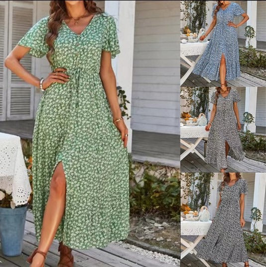 Summer drawstring slit dress long dress