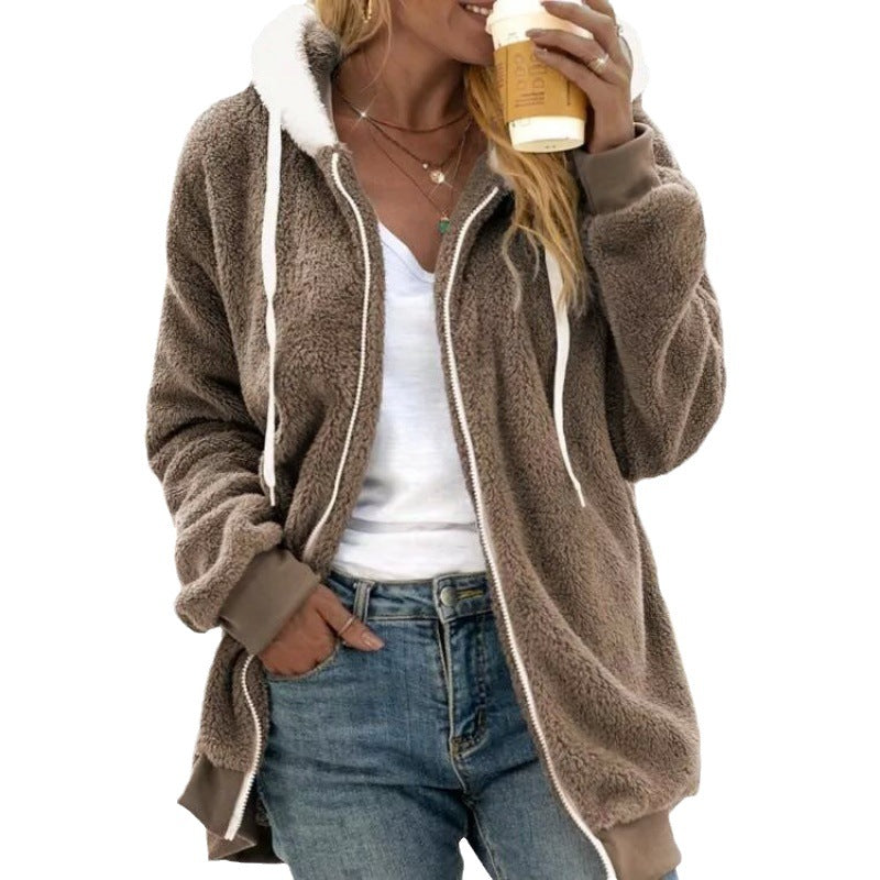 ladies plush hooded zipper jacket