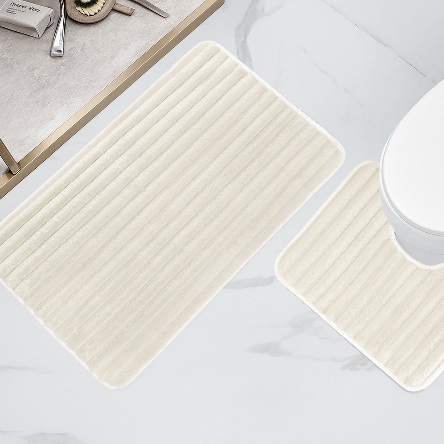 2 Piece Ribbed Bath Mat Set Cream Extra Soft