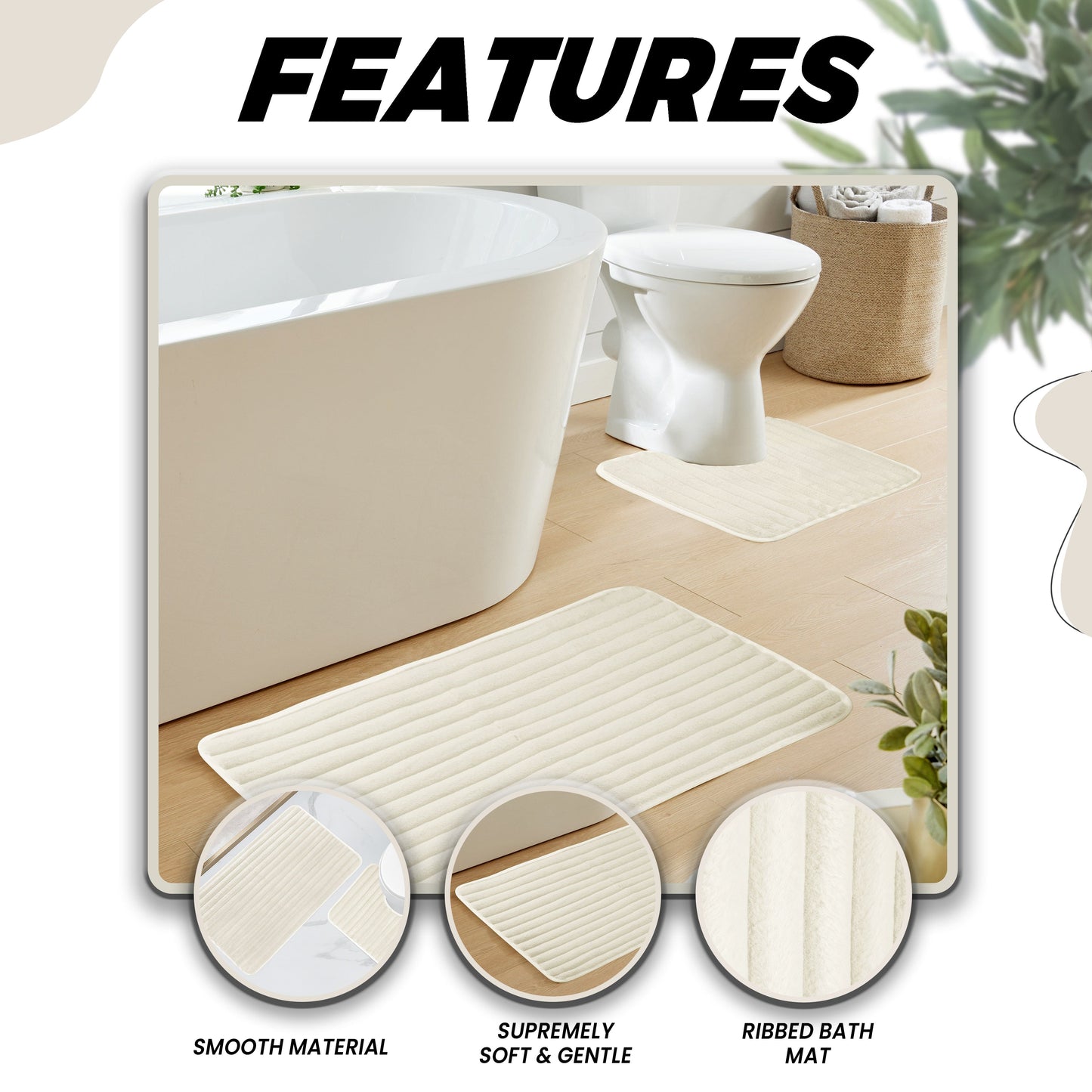 2 Piece Ribbed Bath Mat Set Cream Extra Soft