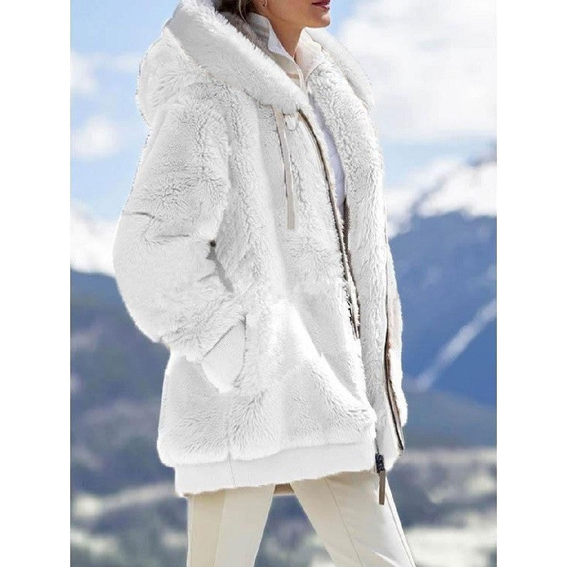 ladies plush hooded zipper jacket