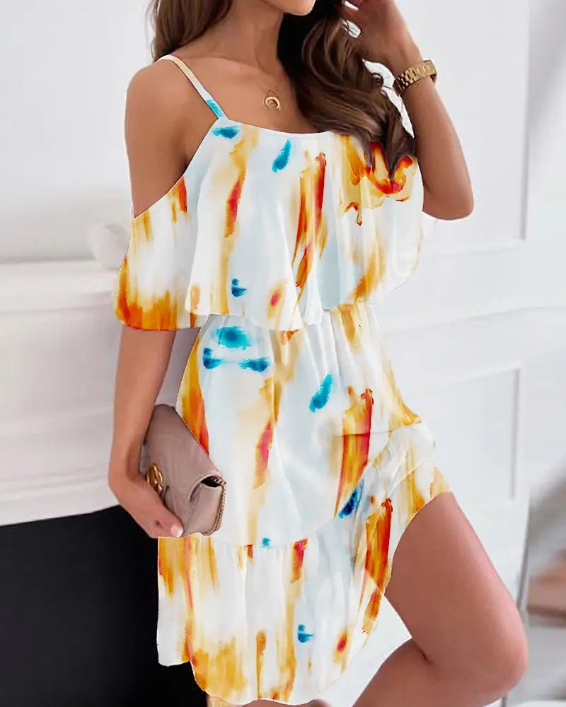 Flower Printed Off-the-shoulder Strap Dress