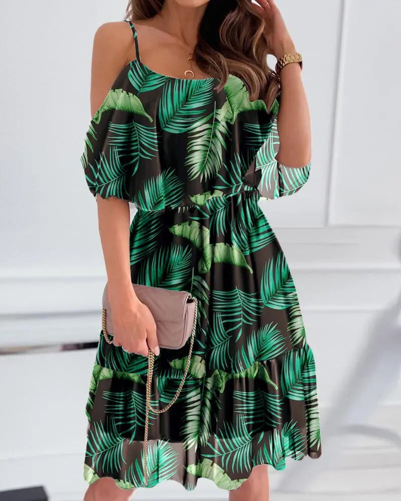 Flower Printed Off-the-shoulder Strap Dress