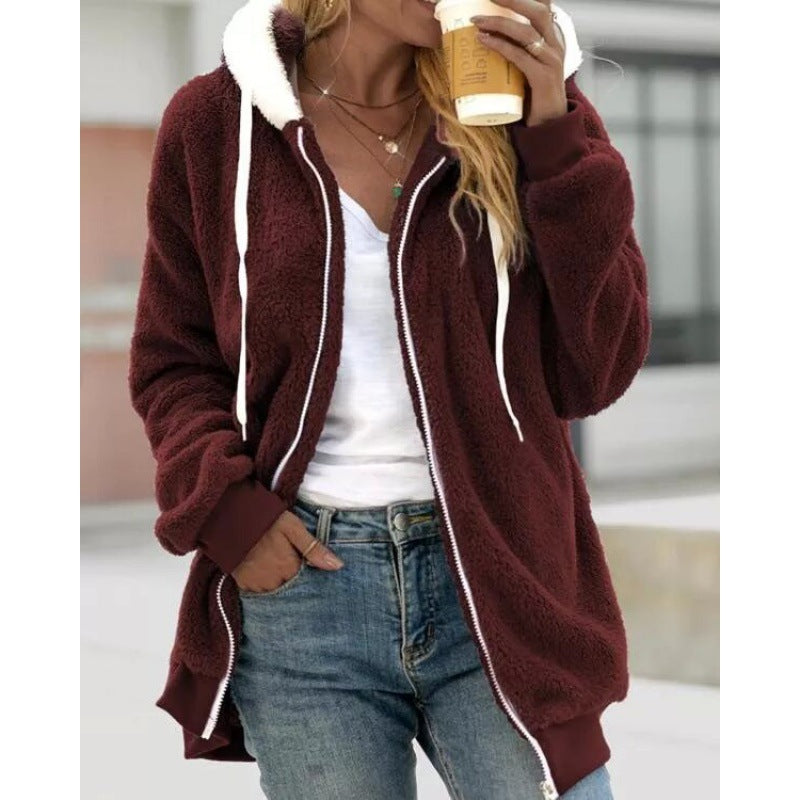ladies plush hooded zipper jacket