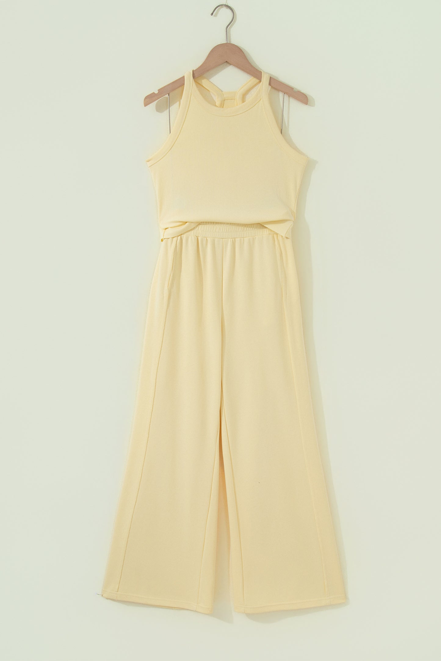 Yellow Cream Slim Ribbed Tank Top and Sweatpants Set