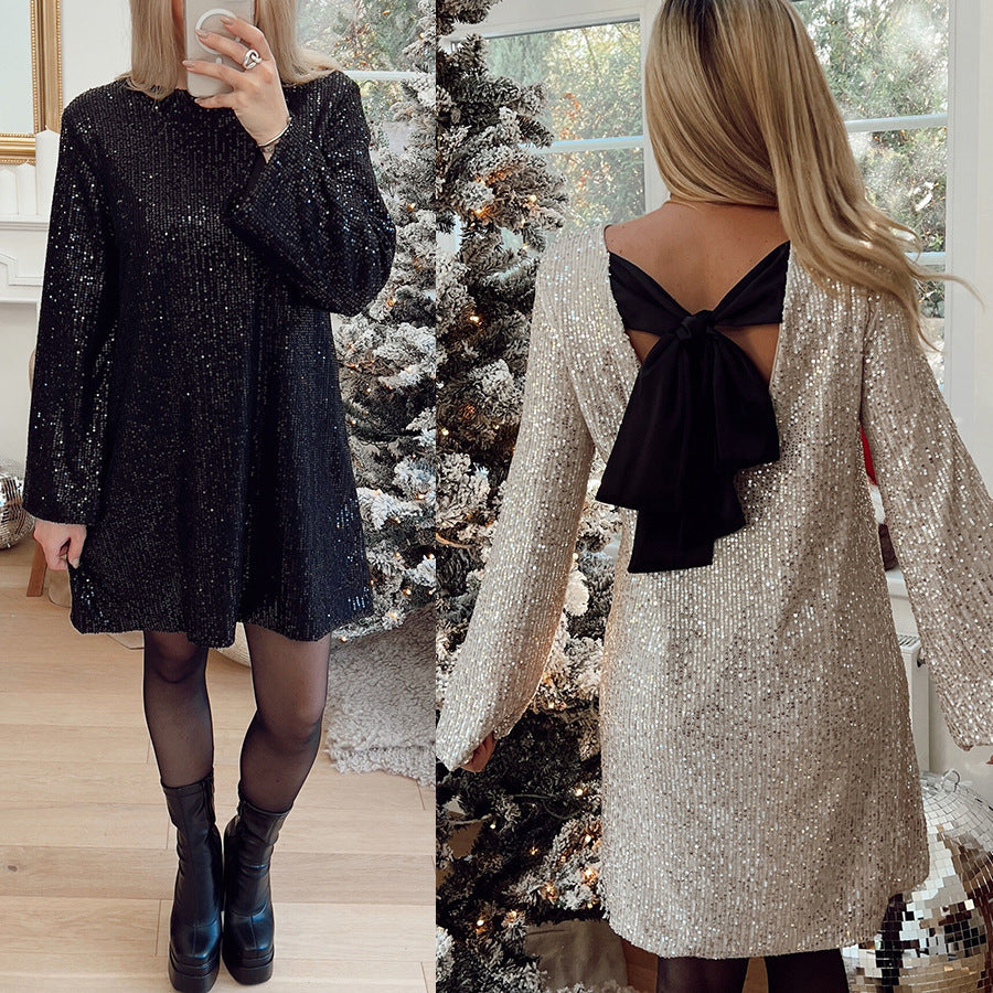 Party Sequin Dress INS Casual Loose Belted Dress