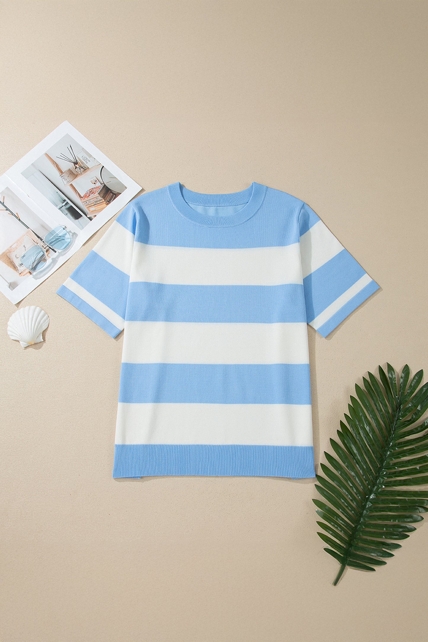Sky Blue Stripe Colourblock Plus Size Short Sleeve Sweater