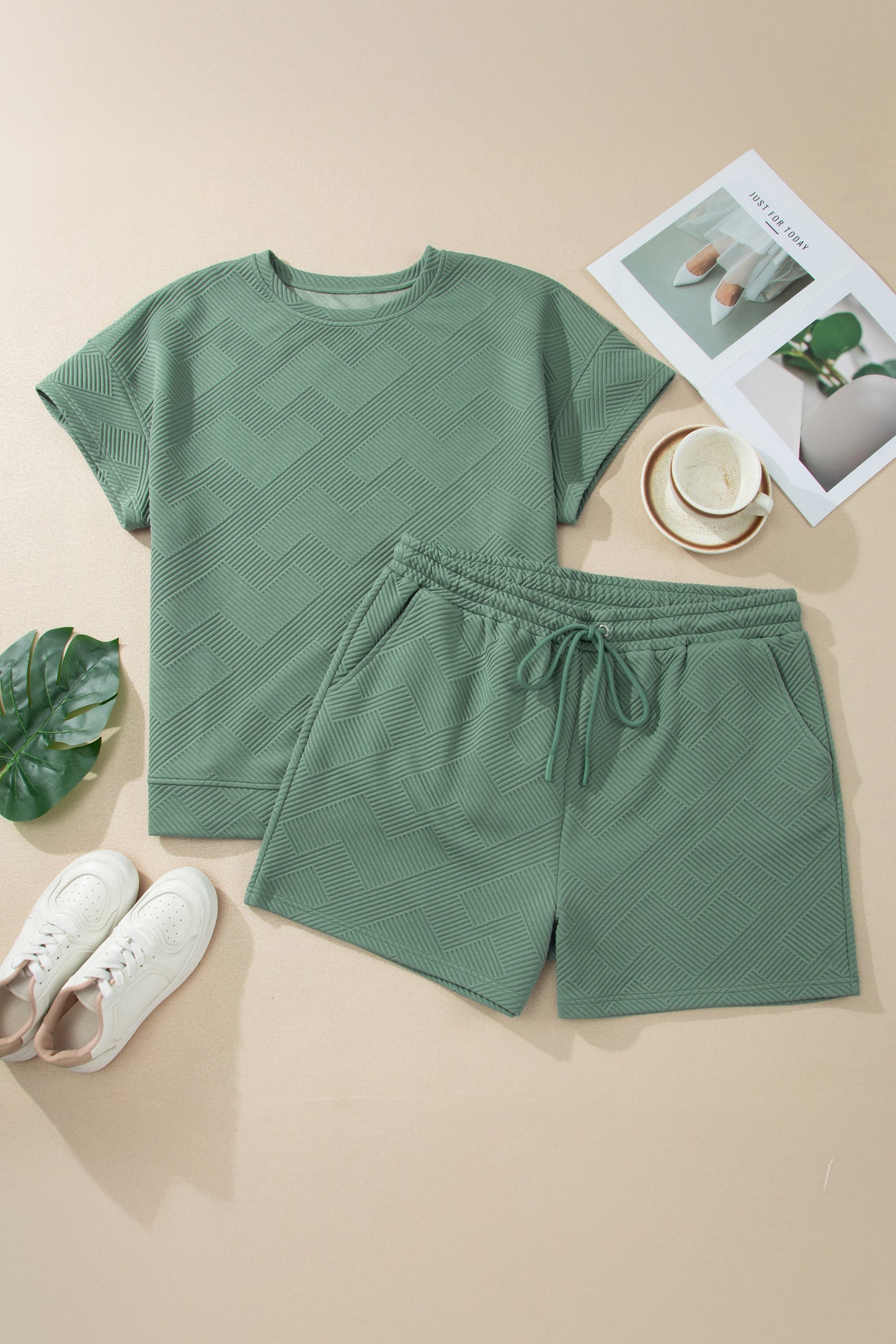 Mineral Blue Plus Size Textured Short Sleeve Top Drawstring Shorts Set