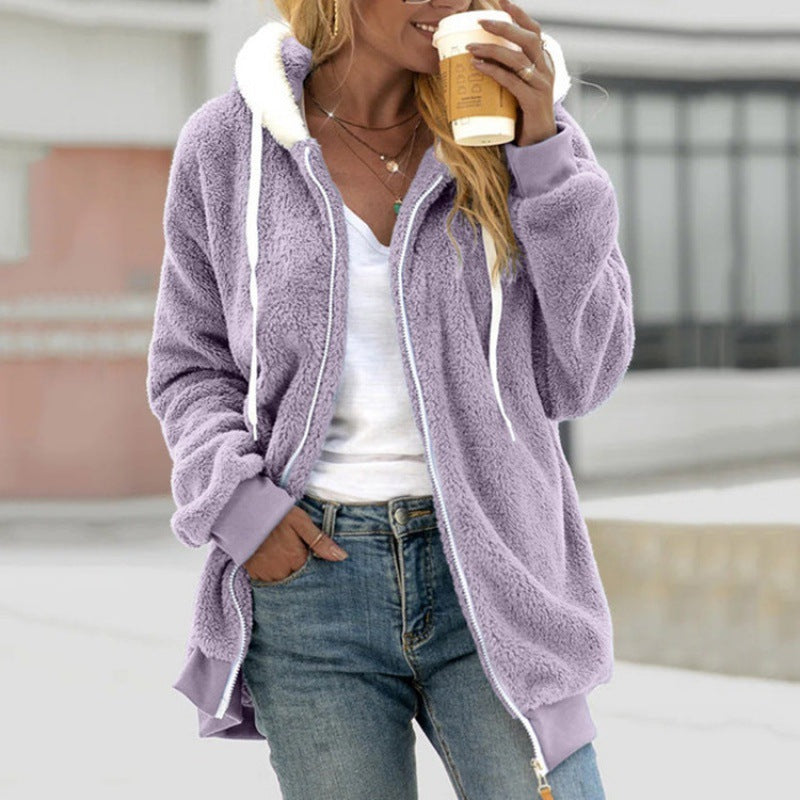 ladies plush hooded zipper jacket