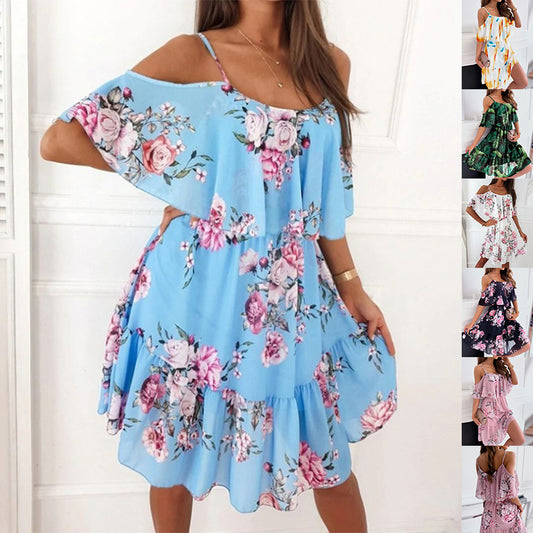 Flower Printed Off-the-shoulder Strap Dress