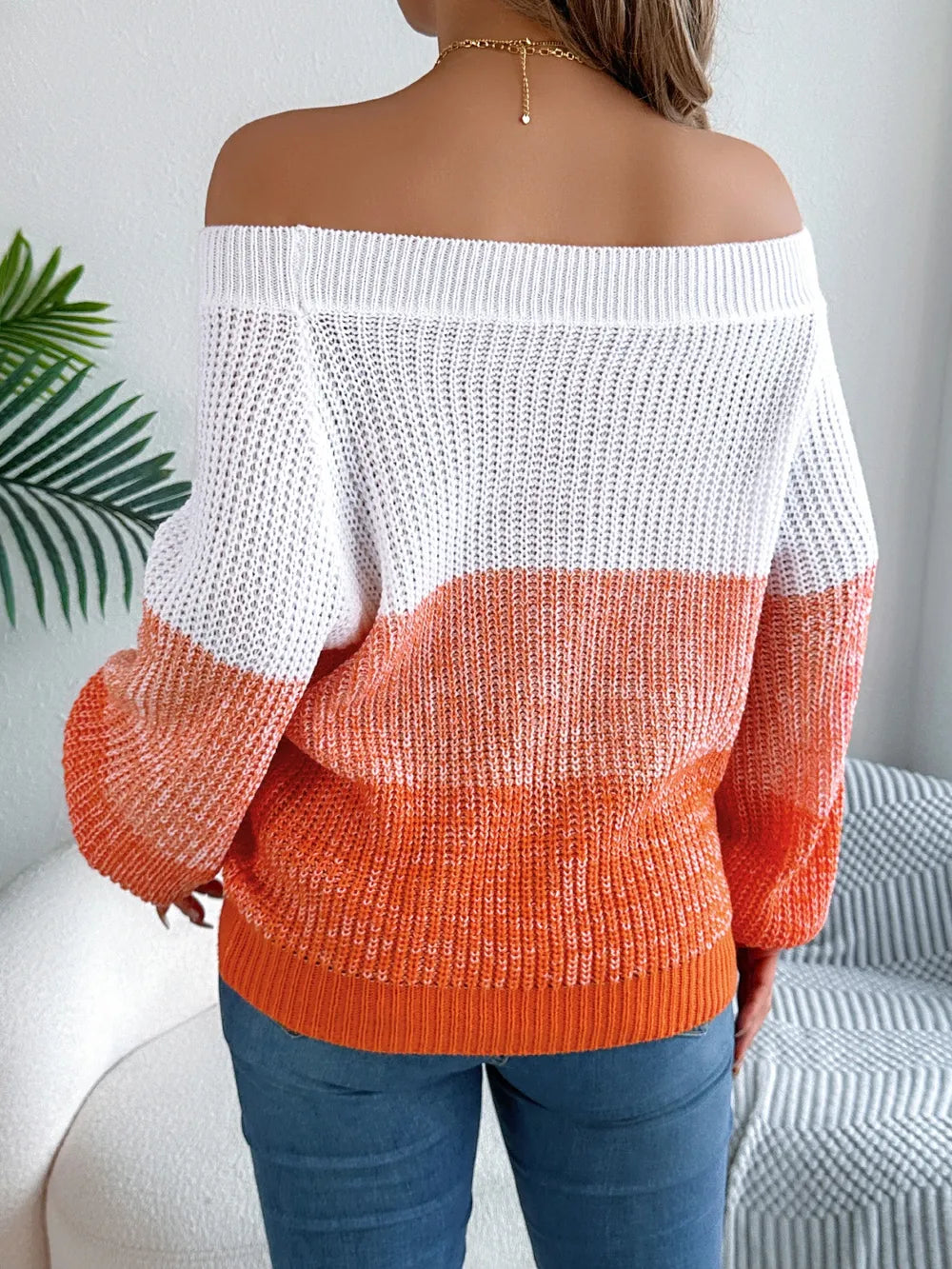 Block Off-Shoulder Long Sleeve Sweater