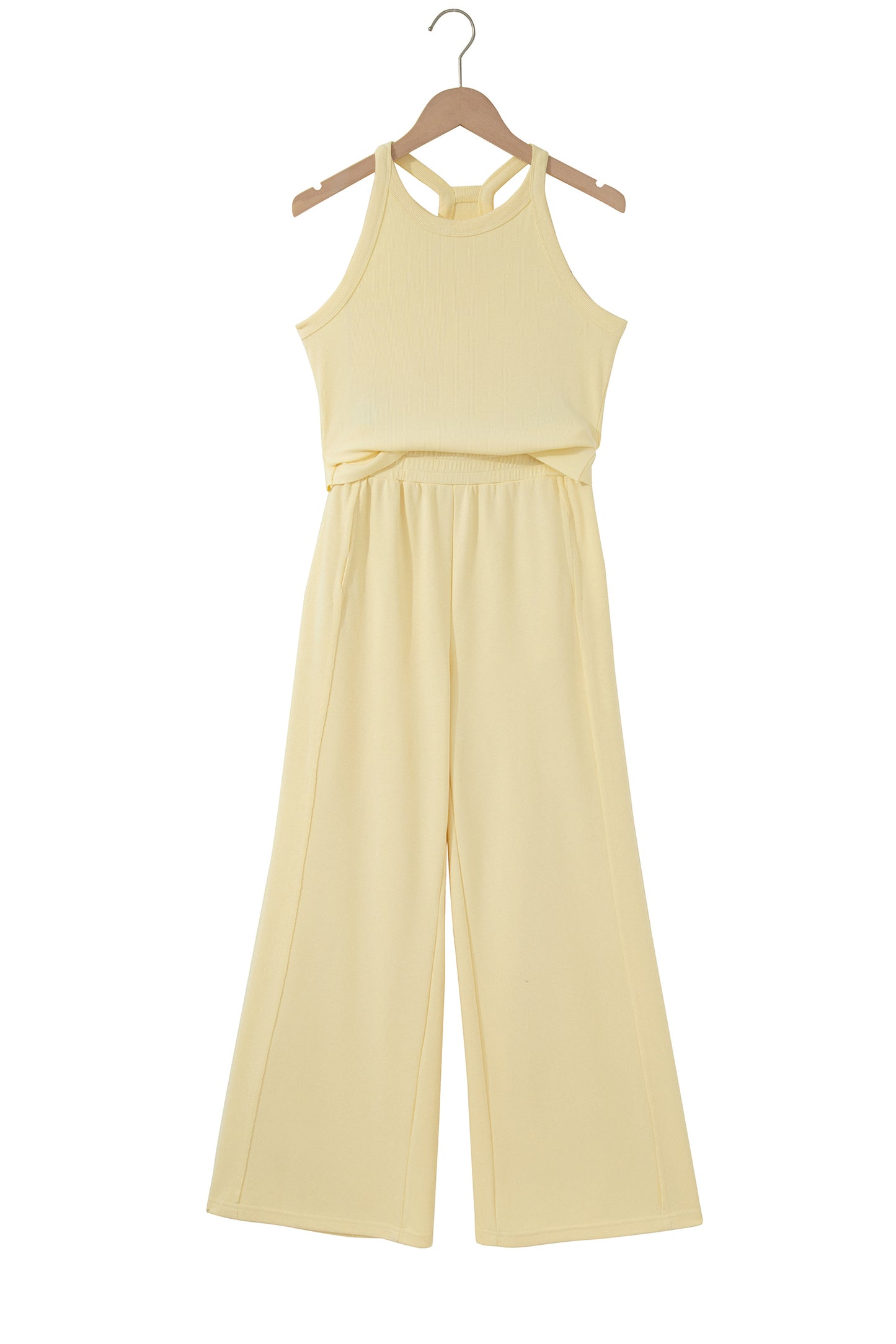 Yellow Cream Slim Ribbed Tank Top and Sweatpants Set