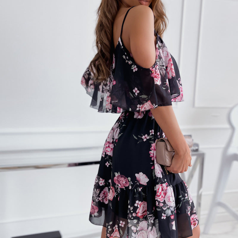 Flower Printed Off-the-shoulder Strap Dress