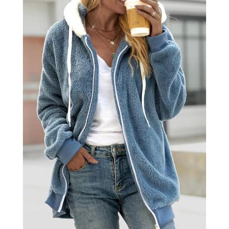 ladies plush hooded zipper jacket