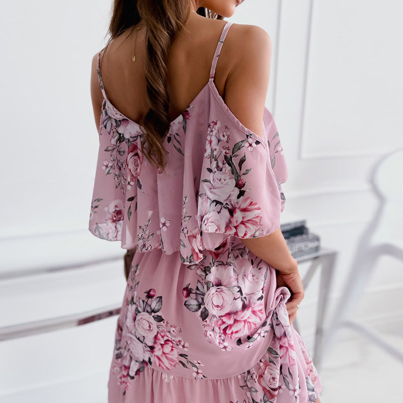 Flower Printed Off-the-shoulder Strap Dress