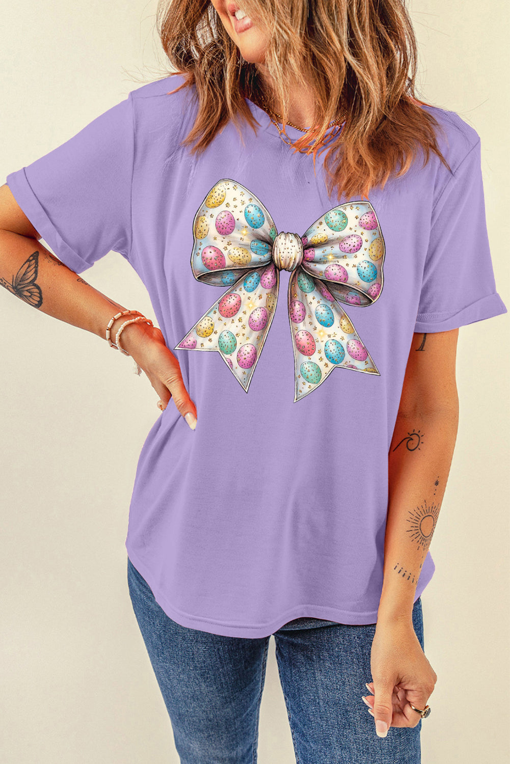 Easter Eggs Bow Print Casual T Shirt