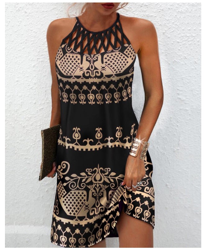Ladies Printed Mesh Sleeveless Casual Dress