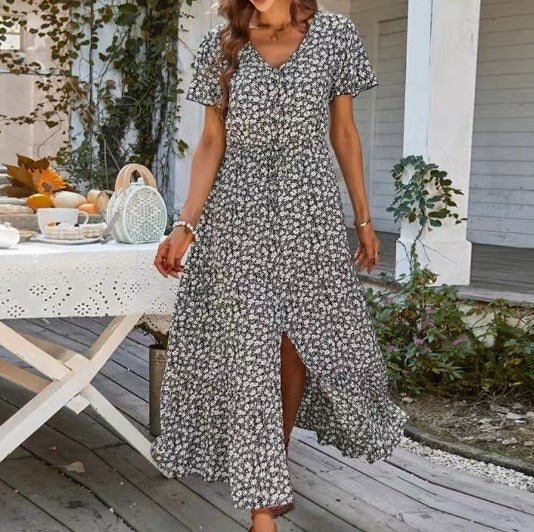 Summer drawstring slit dress long dress