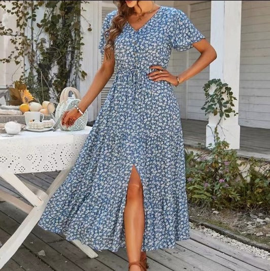 Summer drawstring slit dress long dress