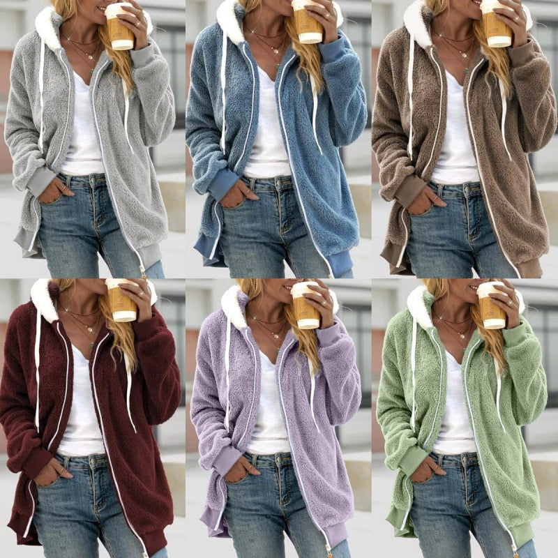 ladies plush hooded zipper jacket