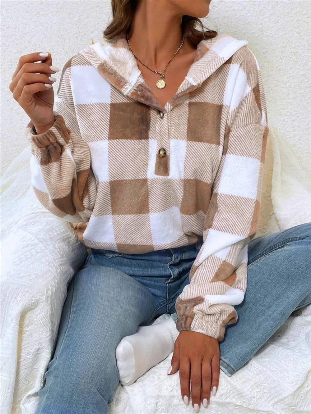 Ladies Checkered semi open collar hoodie
