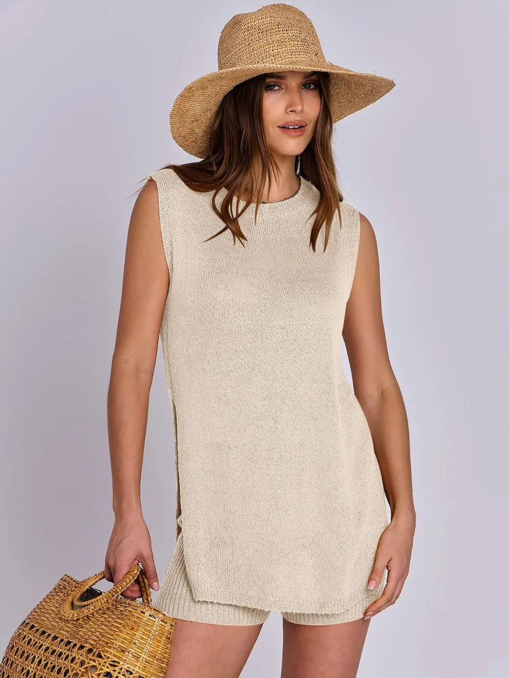 knitted sleeveless shorts and woolen set