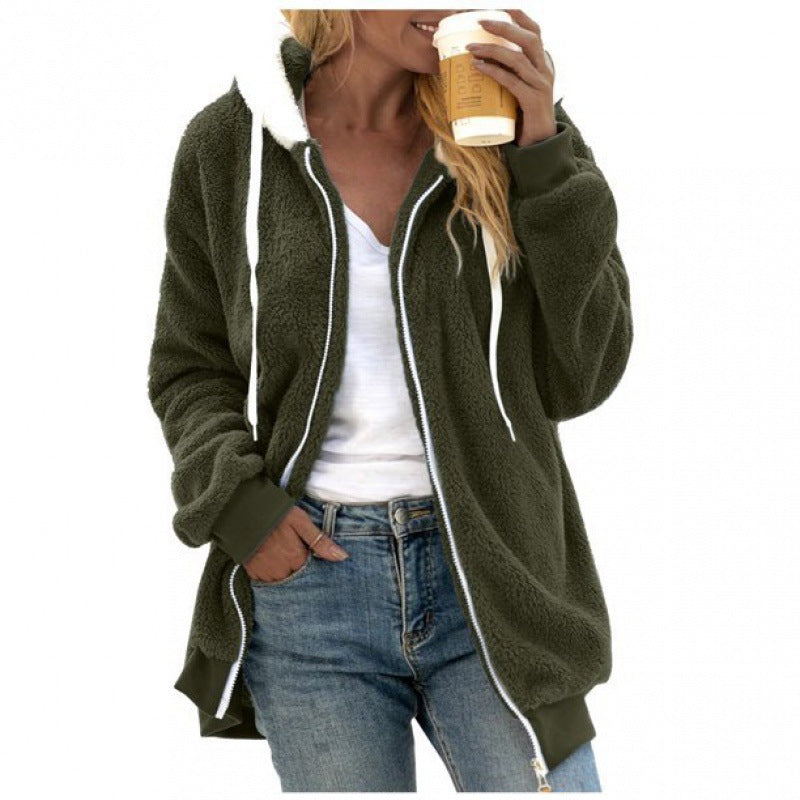 ladies plush hooded zipper jacket