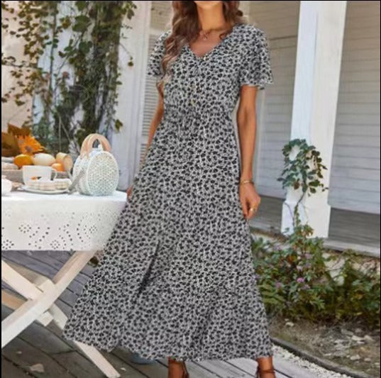 Summer drawstring slit dress long dress