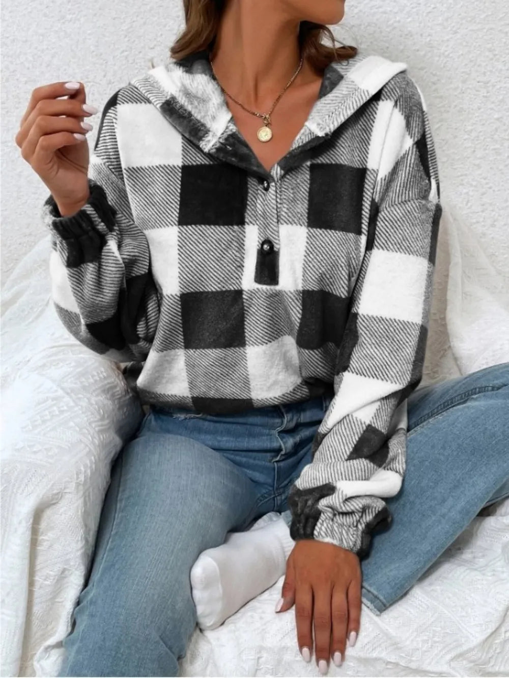 Ladies Checkered semi open collar hoodie