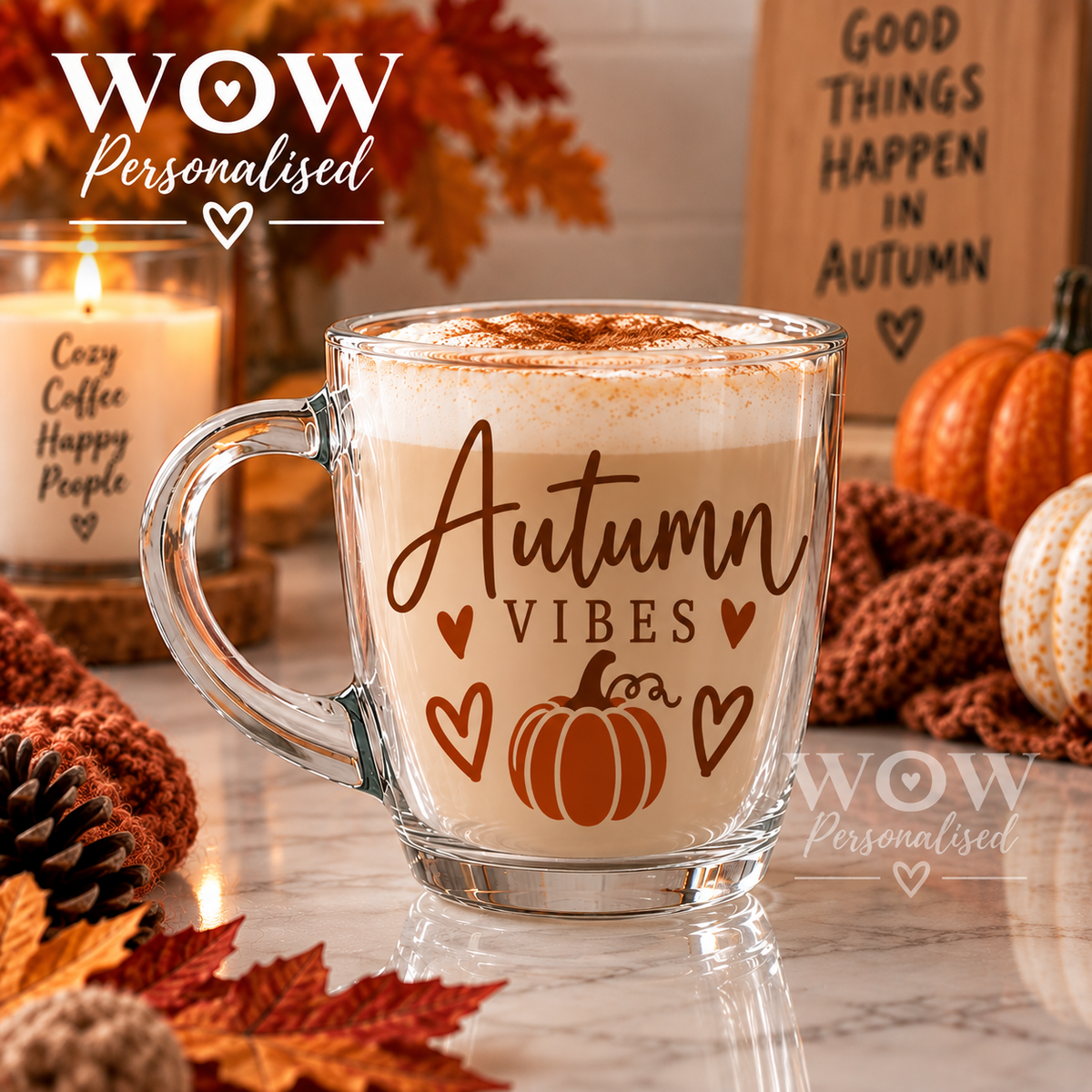 Autumn Vibes Glass Mug | Pumpkin Cappuccino & Coffee Cup