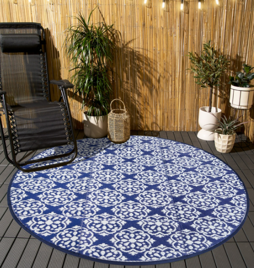 Outdoor Circle Tile Print Rug, 170cm - Blue