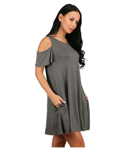 Casual Spaghetti Strap Off Shoulder Ruffle Sleeves Shift Loose Mini Dress with Pockets