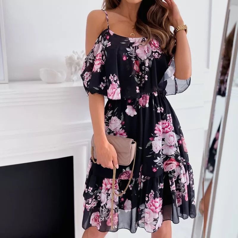 Flower Printed Off-the-shoulder Strap Dress