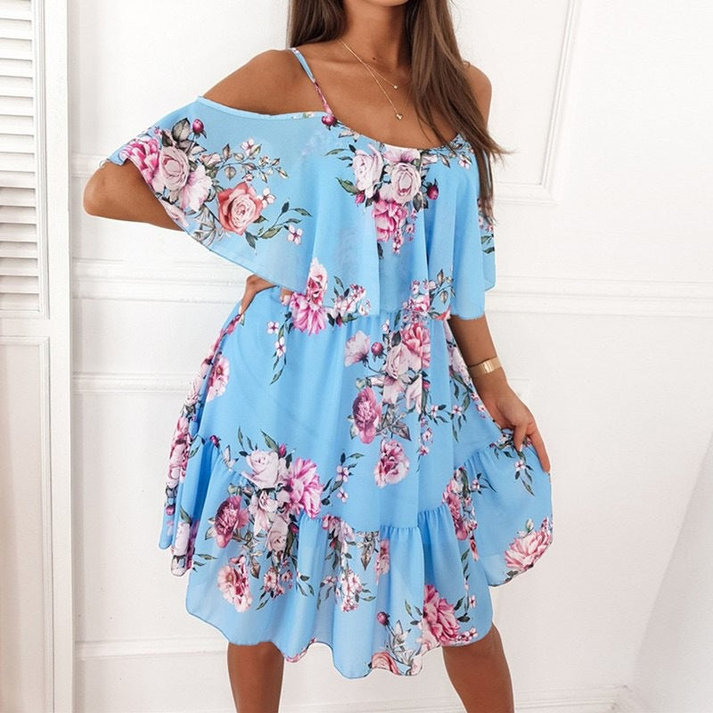 Flower Printed Off-the-shoulder Strap Dress
