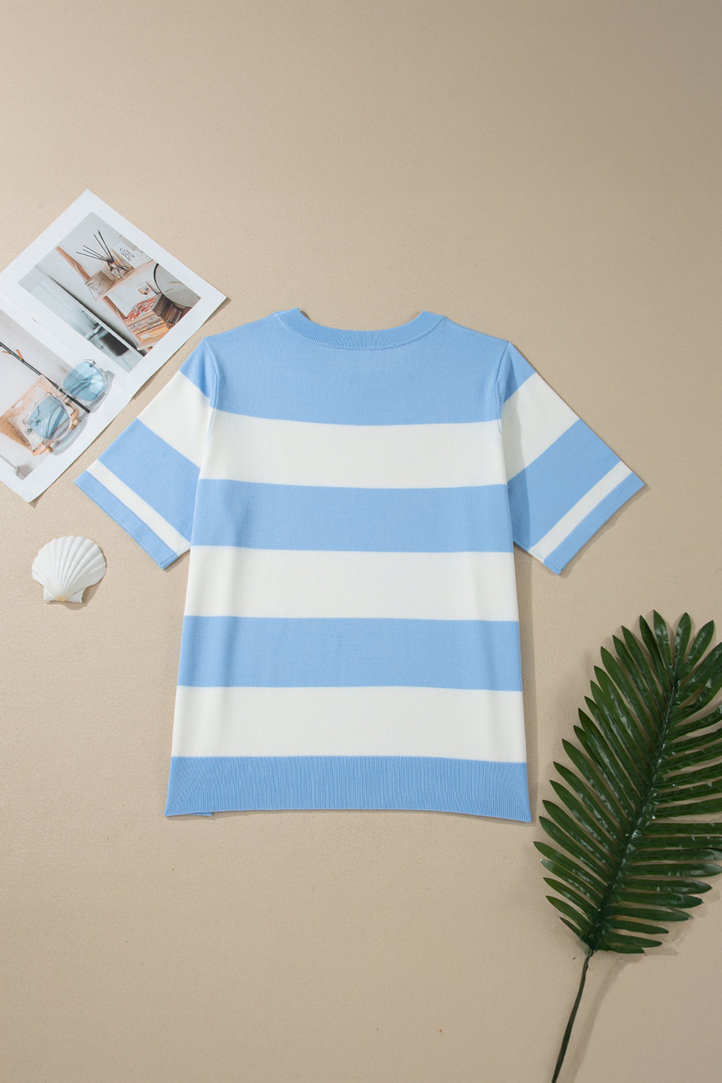 Sky Blue Stripe Colourblock Plus Size Short Sleeve Sweater