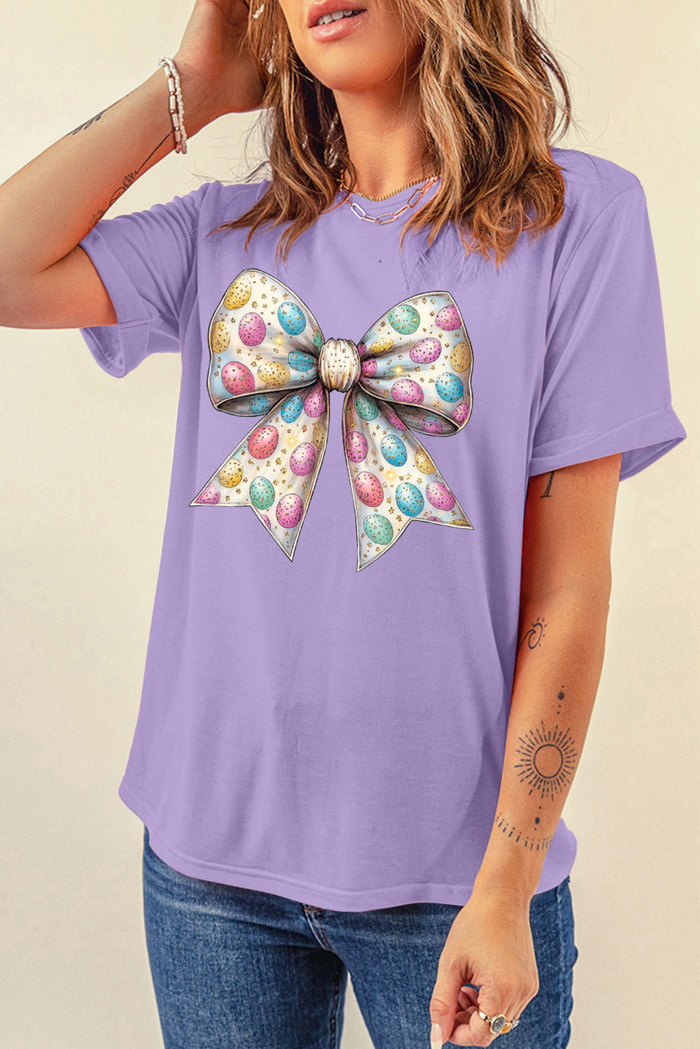 Easter Eggs Bow Print Casual T Shirt