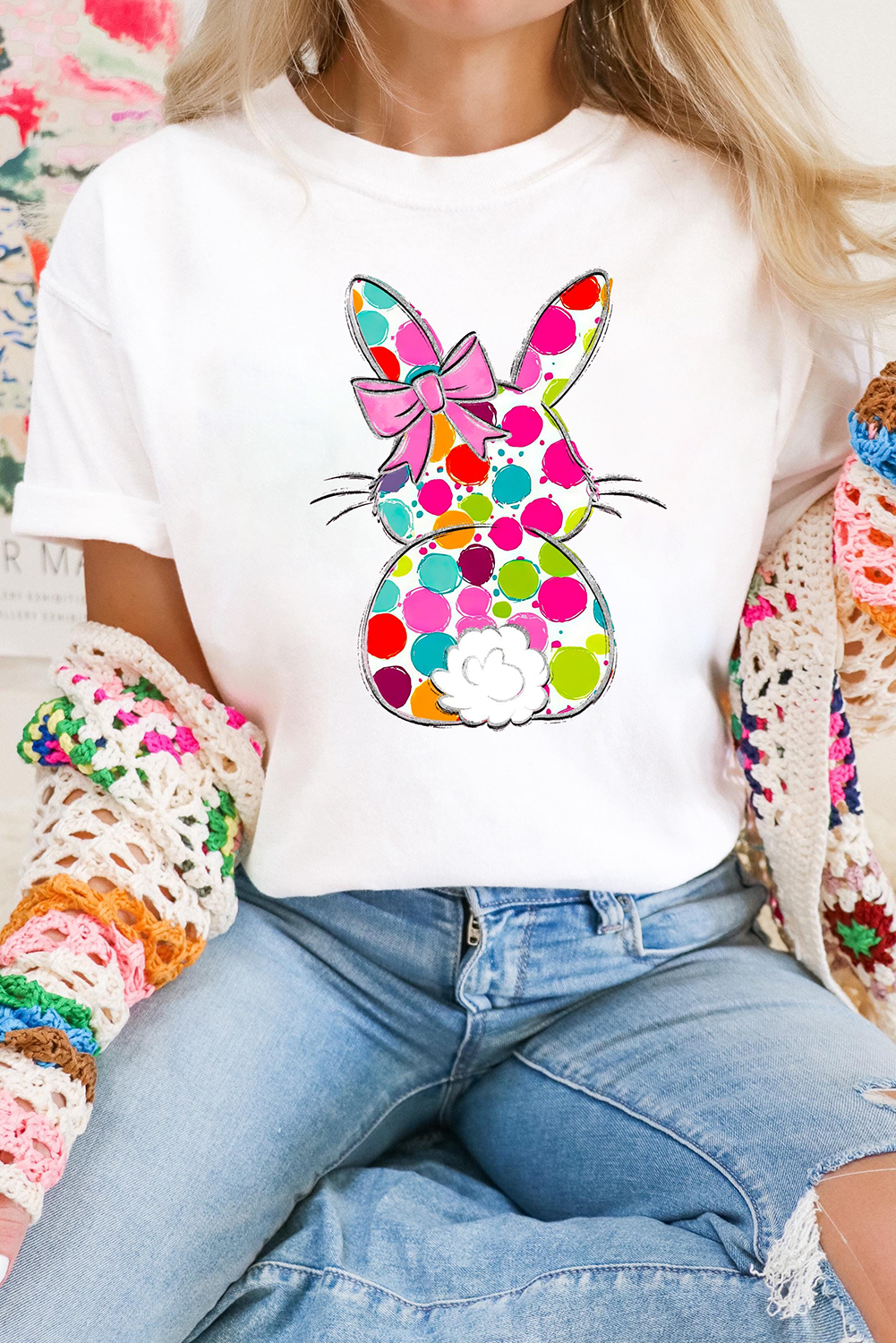 White Polka Dot Bow Rabbit tshirt