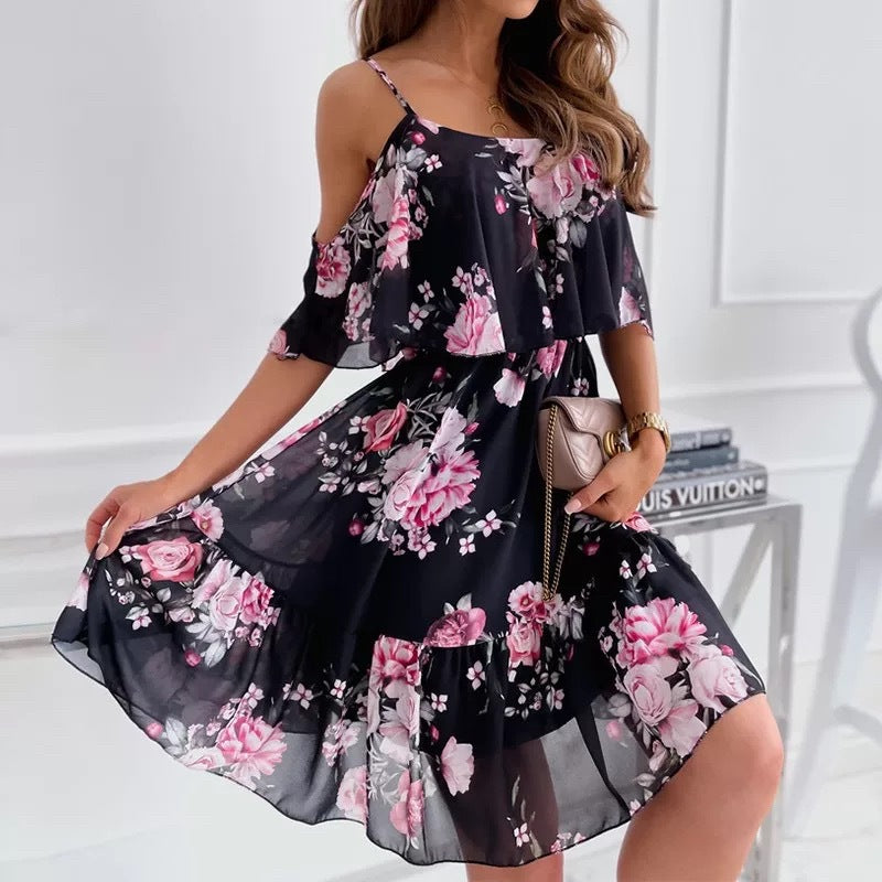 Flower Printed Off-the-shoulder Strap Dress