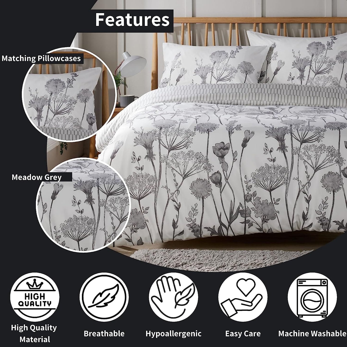 Meadow Grey Reversible Duvet Cover Set With Pillowcases