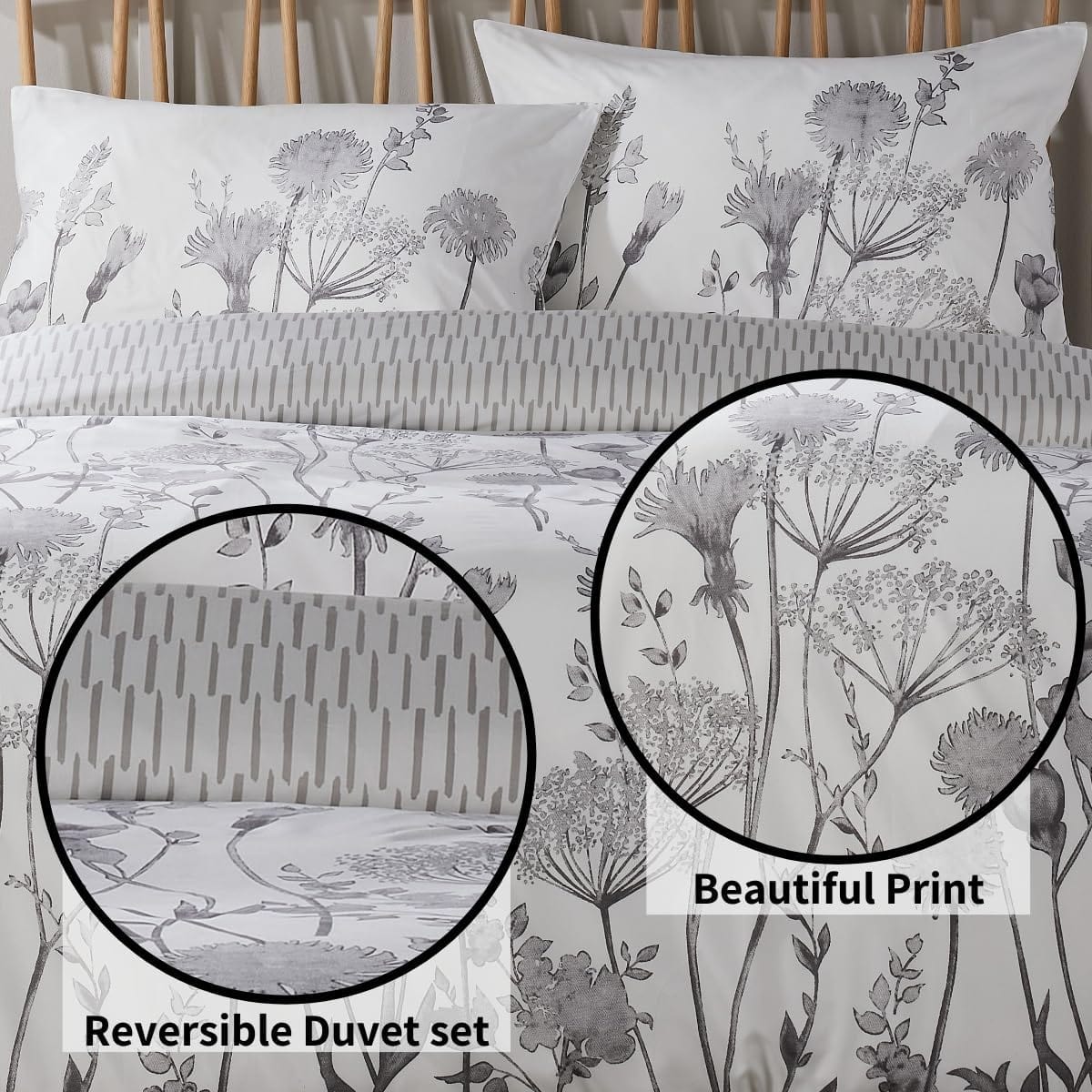 Meadow Grey Reversible Duvet Cover Set With Pillowcases